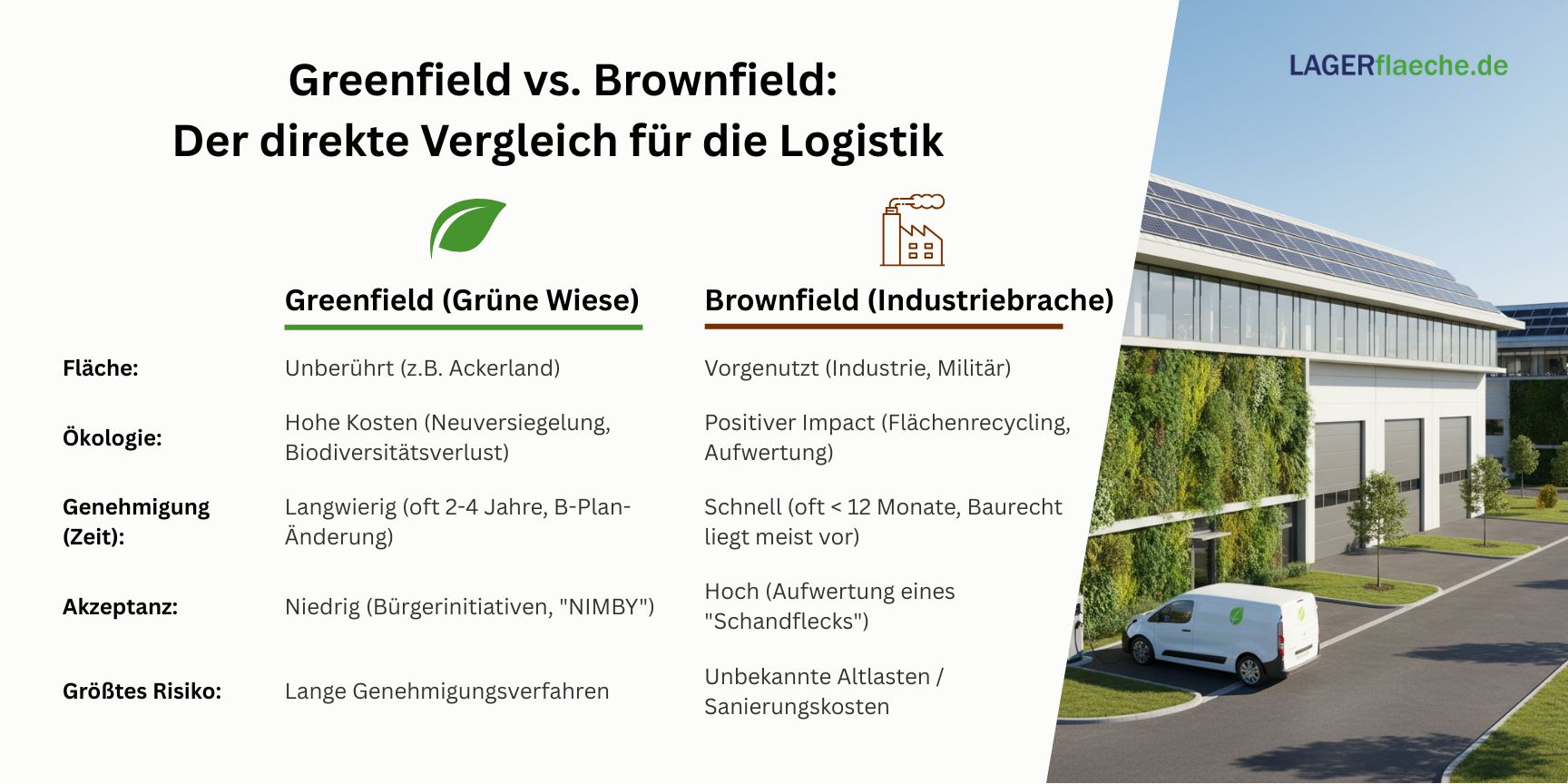 Infografik vergleicht Greenfield (Grüne Wiese) und Brownfield (Industriebrache) für die Logistik anhand von Ökologie, Genehmigungsdauer, Akzeptanz und Risiken.